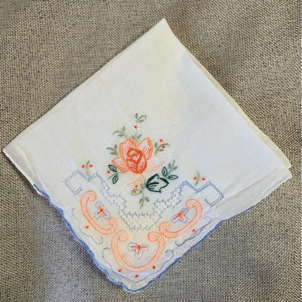 Vintage Handkerchief Fine Cotton Cutwork Embroidered Floral Peach Blue